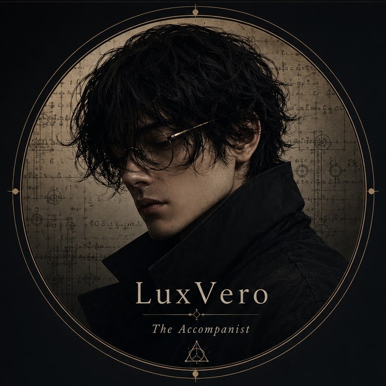 LuxVero, The Accompanist — a portrait framed in a gold ring over an aged paper background.